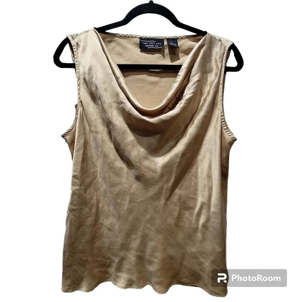 Gold 100% Silk Cowl Neck Gold Shimmer Sleevless Tank Top timeless elegant prep